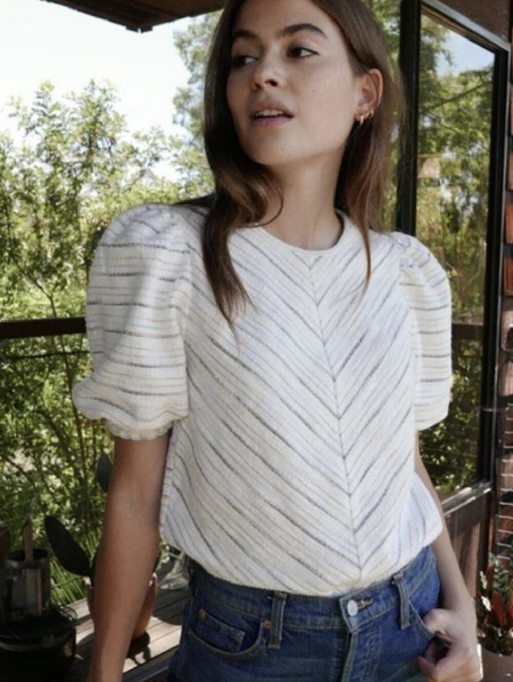 Saylor Innika Sedona Chevron Stripe Knit Pop-Over Top Puff Sleeve Shirt Size S